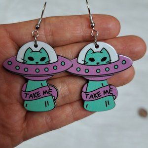 Alien Spaceship Cat Earrings